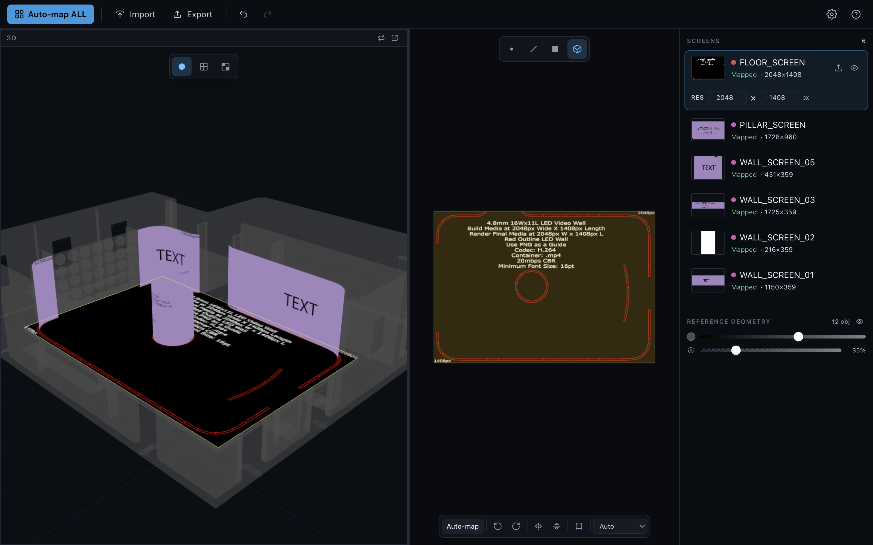 Docked split view — 3D on the left, 2D map on the right, draggable divider between