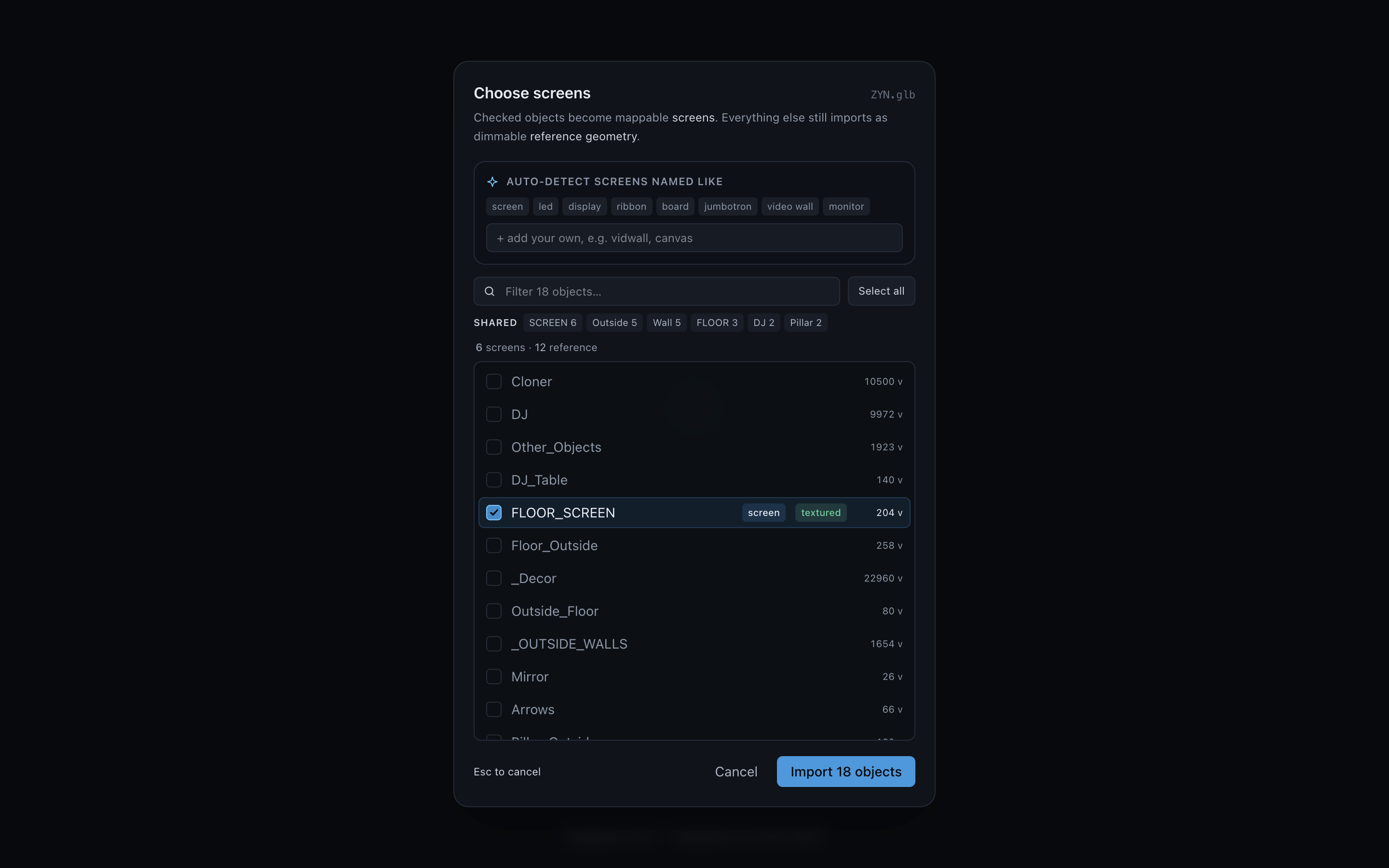 Choose screens dialog