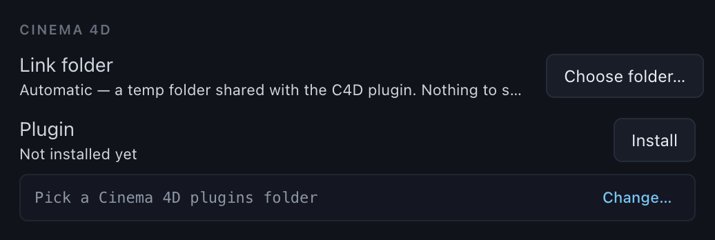 Preferences — Cinema 4D section: link folder and plugin install