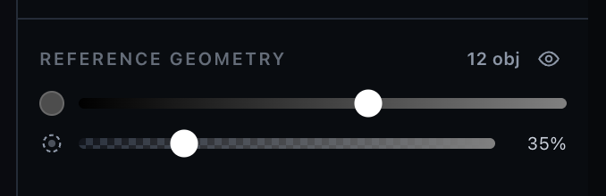 Reference geometry section: object count, visibility eye, brightness and opacity sliders
