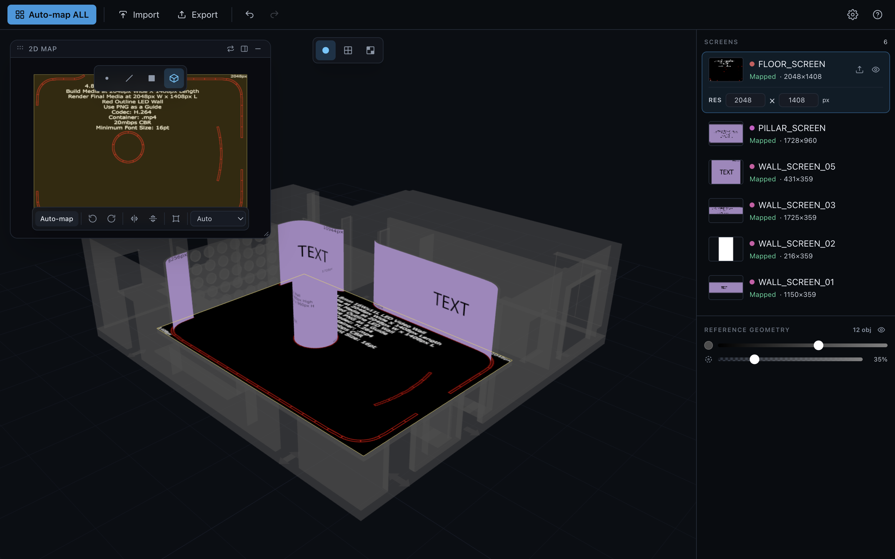 3D venue with mapped screens promoted to the main pane