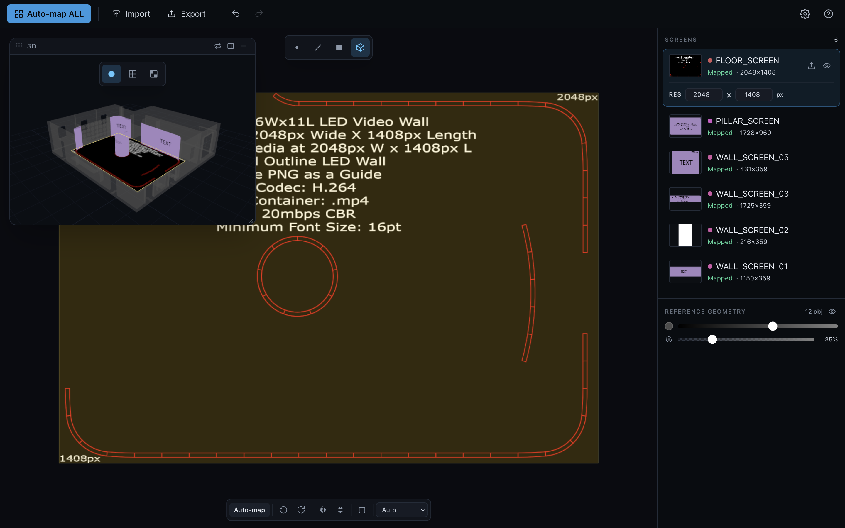 UV Studio workspace — 2D map primary, floating 3D view, screens panel